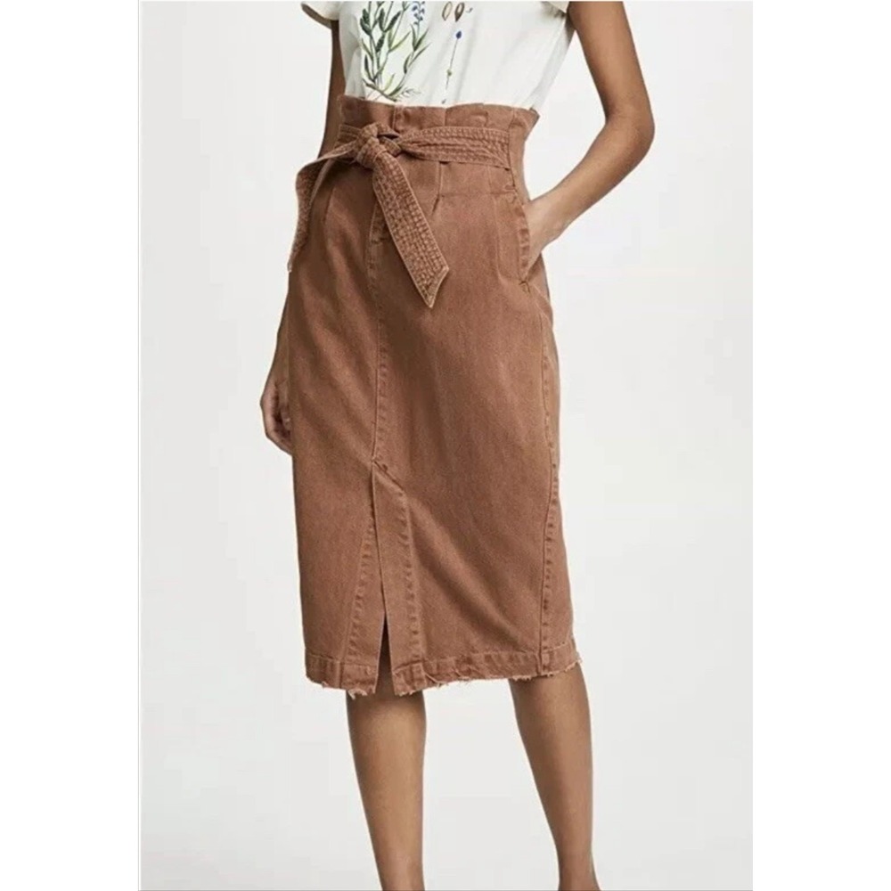 Free People Savannah Belted Skirt Womens 26 Brown Denim Paperbag Pencil Midi